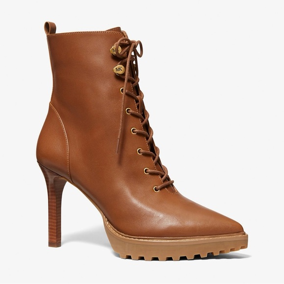 🔥 NEW in box Michael Kors Kyle Leather Lace-Up Boots ~ Luggage ~ 8.5 🔥
